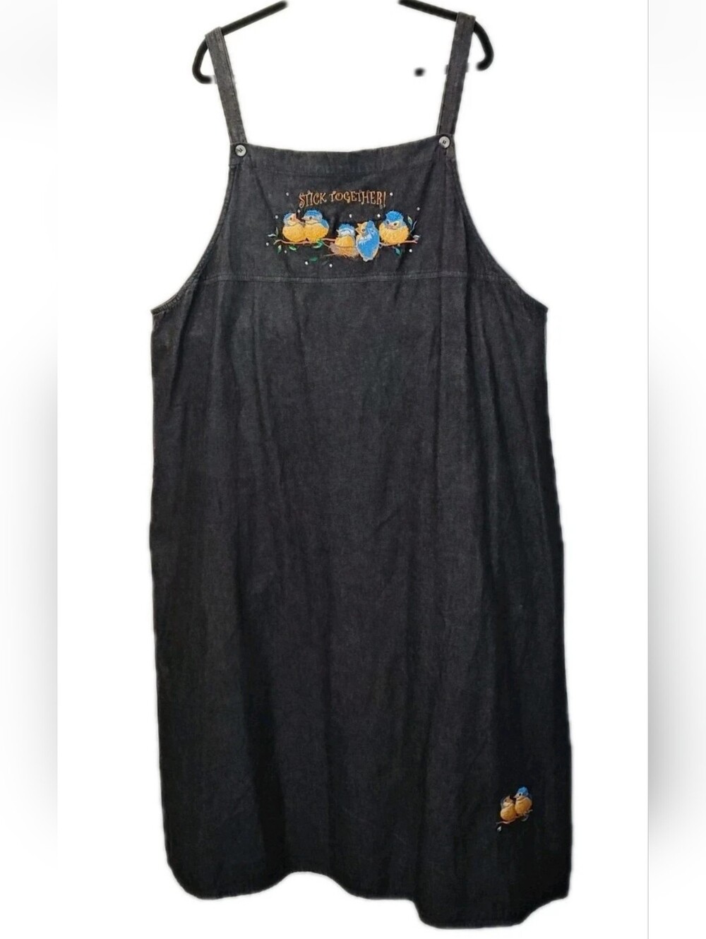 Quacker Factory Embroidered Birds Jumper Dress Woman Plus Sz 28W 5X Black Denim